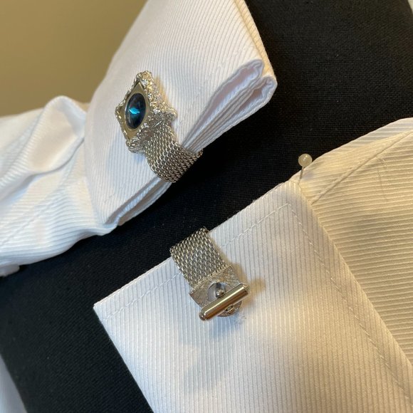 Silver Mess Cufflink Square Shape with Round Blue Stone - Vintage 1970's - Picture 3 of 12